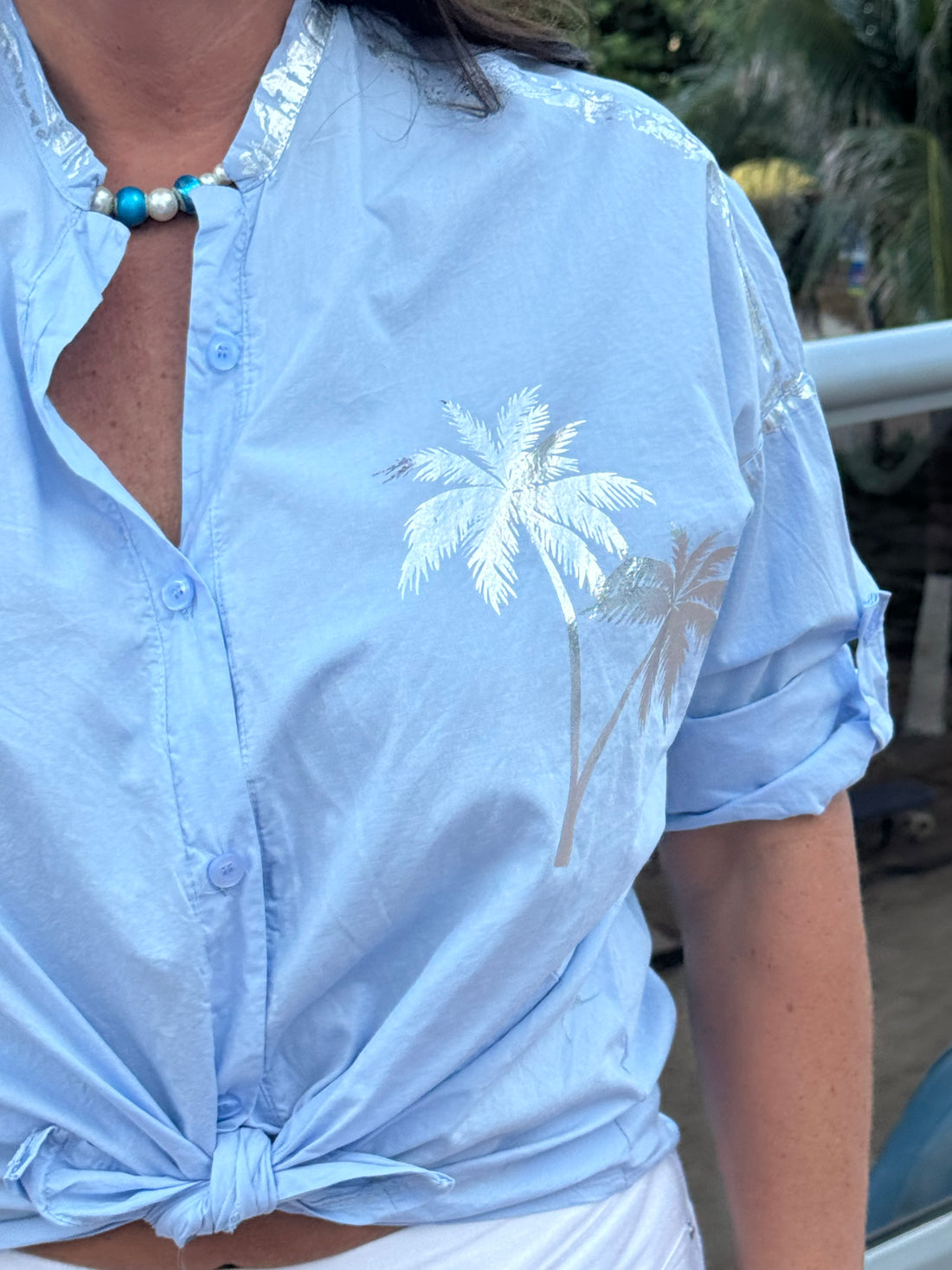 Style 1118 silver metallic palm print shirt