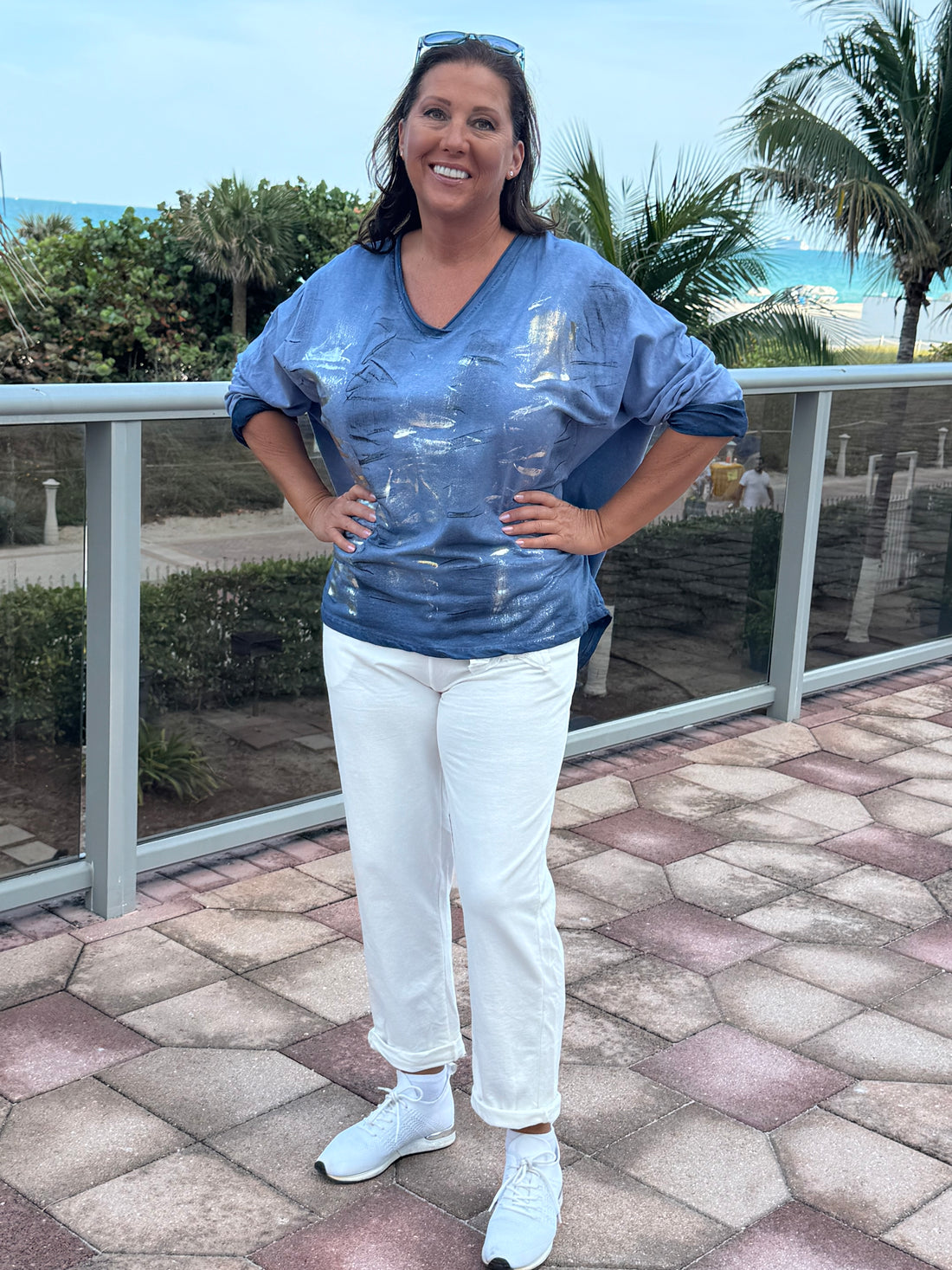 Style 1016 Scoop neck spray wash with brushed metallic print