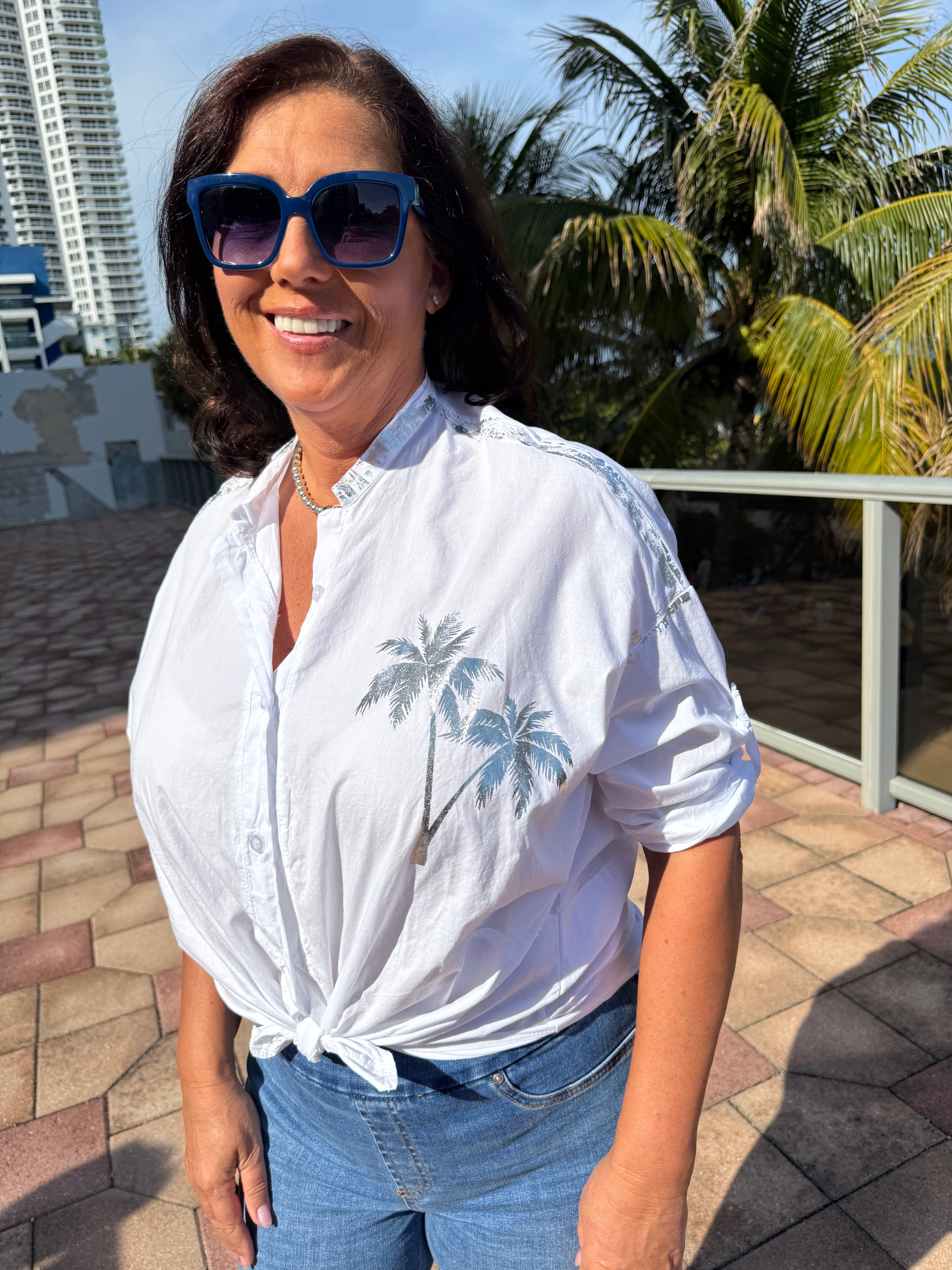 Style 1118 silver metallic palm print shirt