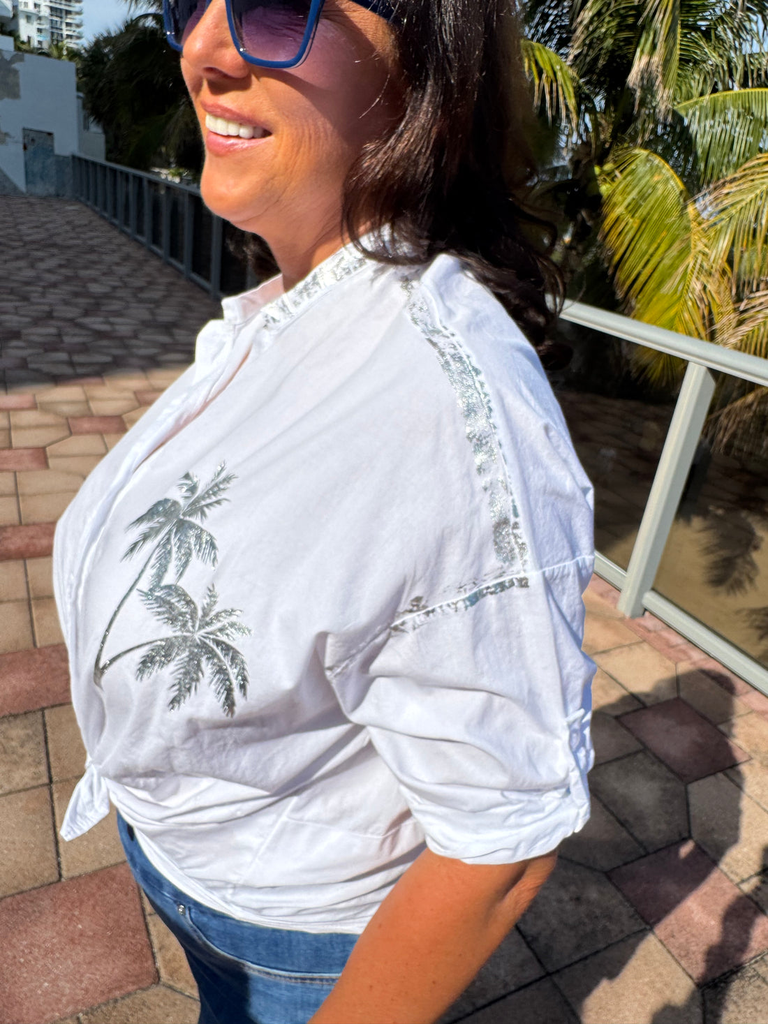 Style 1118 silver metallic palm print shirt