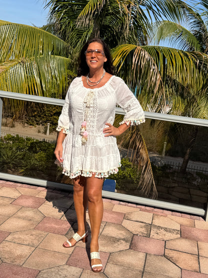 Style 1110 white summer dress with rainbow pom pom