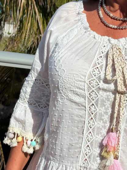 Style 1110 white summer dress with rainbow pom pom