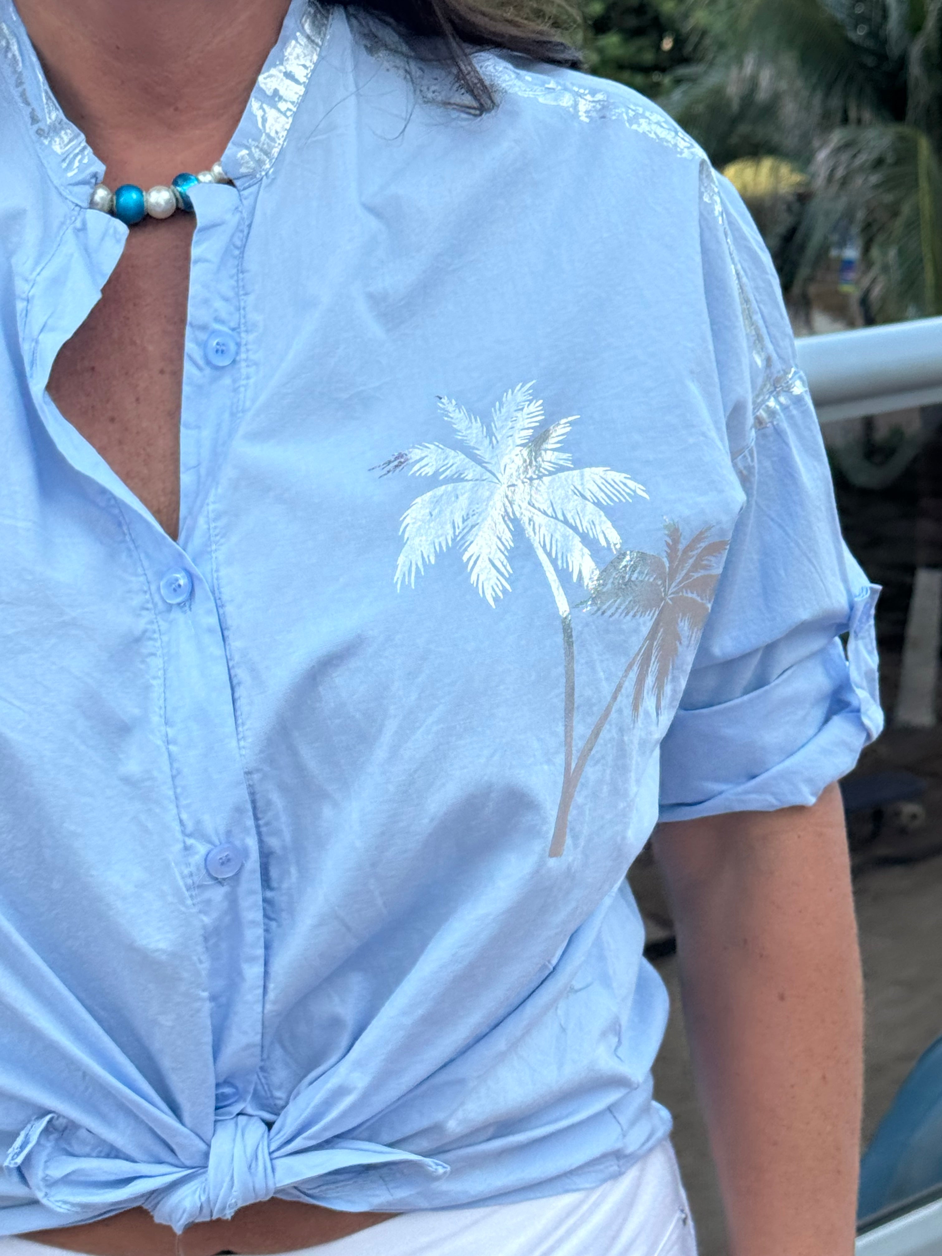 Style 1118 silver metallic palm print shirt