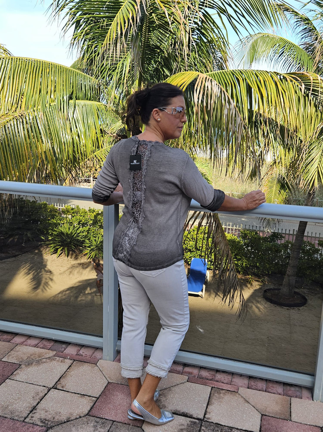 Style 1020 Lace-Trimmed V-Neck Knit Top